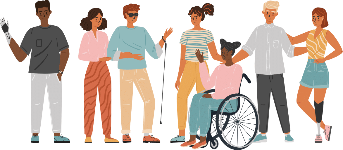 Illustration of a community of individuals with disabilities standing including a blind person , a person in a wheel chair, someone with a prosthetic leg, and other diverse disabled people.